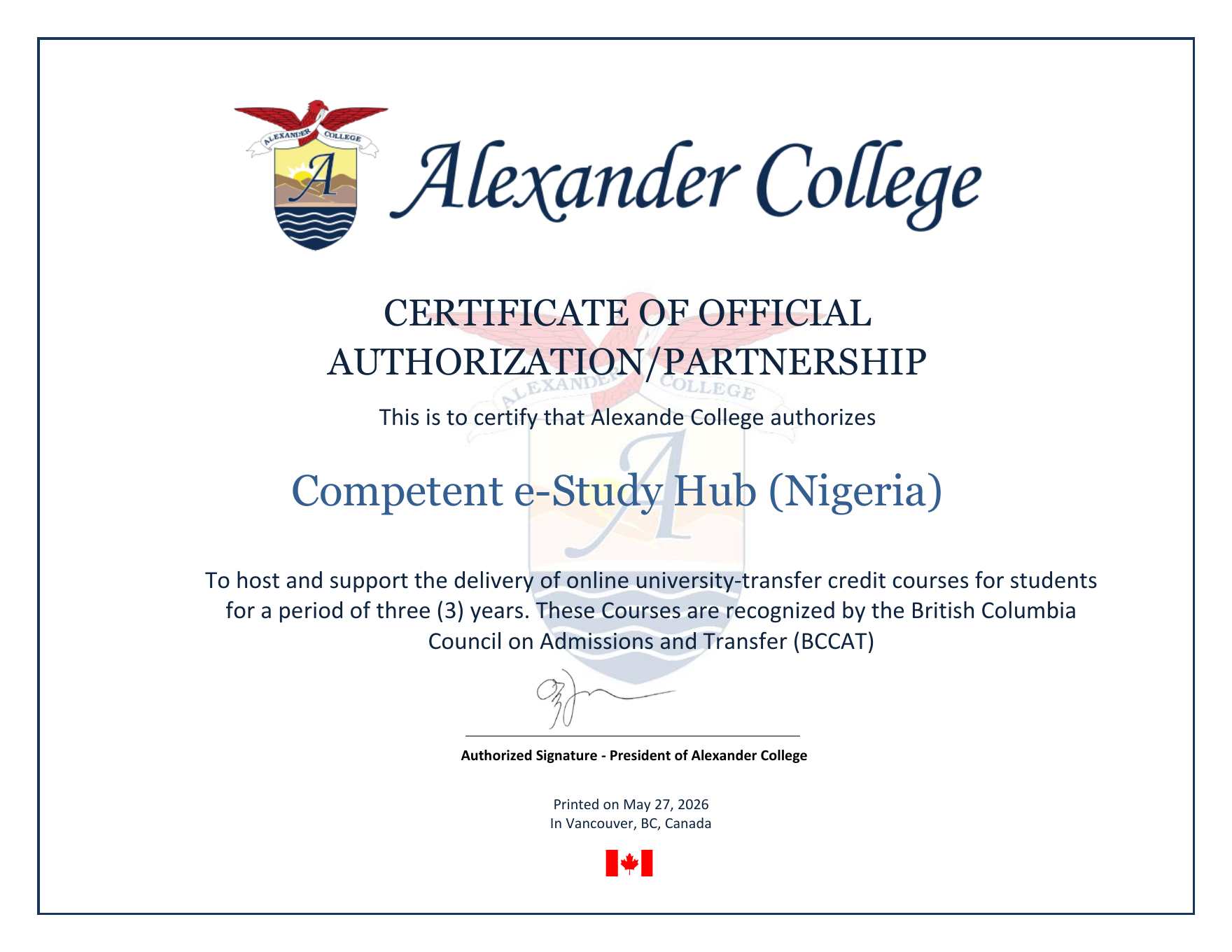 Preview of Alexander College Certificate of Authorization Partnership CeSH